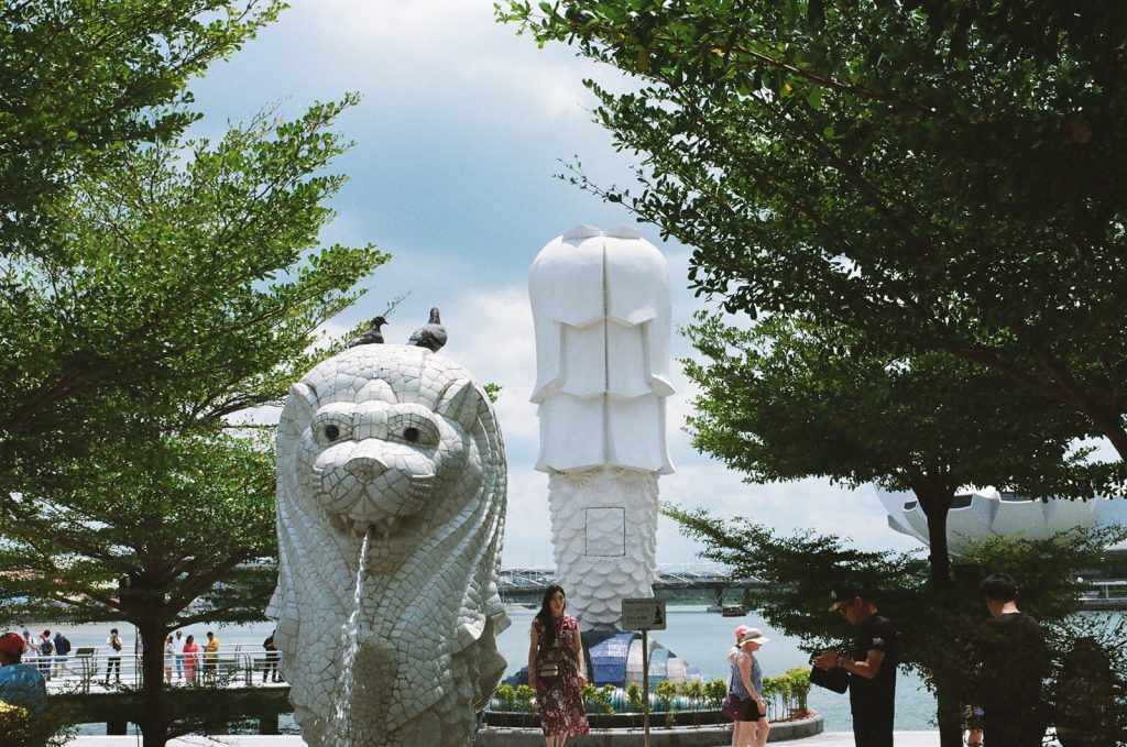 merlion people standing near white animal statue during daytime