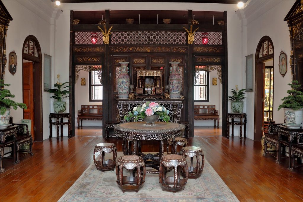 Peranakan  brown wooden table with chairs