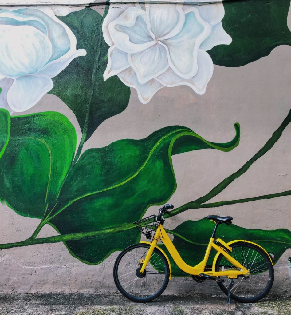 street art graffiti  singapore yellow bike parked beside white flowers graffiti during daytime